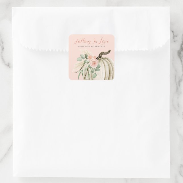 Fallend in Liebe Baby Dusche Pumpkin Blumenrosa Quadratischer Aufkleber (Tasche)