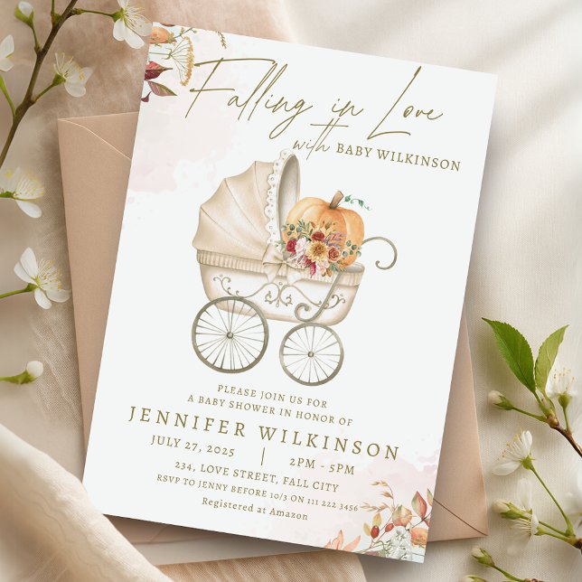 Fallend in Liebe Fall Babydusche Pumpkin-Rolle Einladung (Falling in Love Fall Baby Shower Pumpkin Stroller Invitation)