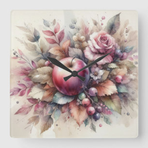 fallende Äpfel in Pastellfarben Aquarellmalerei Quadratische Wanduhr