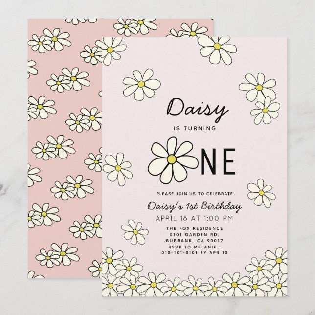 Fallende Daisies Blumenrosa 1. Geburtstag Einladung (Vorne/Hinten)