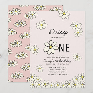 Fallende Daisies Blumenrosa 1. Geburtstag Einladung