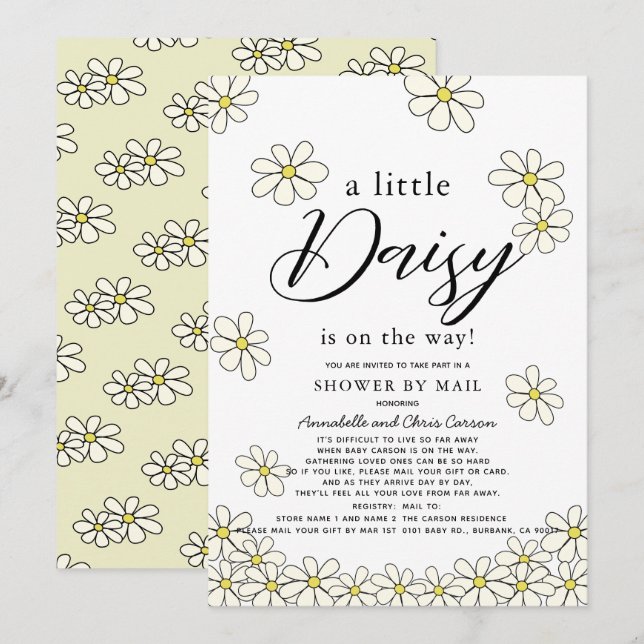 Fallende Daisies White Floral Baby Shower by Mail Einladung (Vorne/Hinten)