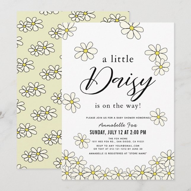 Fallende Daisies White Floral Baby Shower Einladung (Vorne/Hinten)