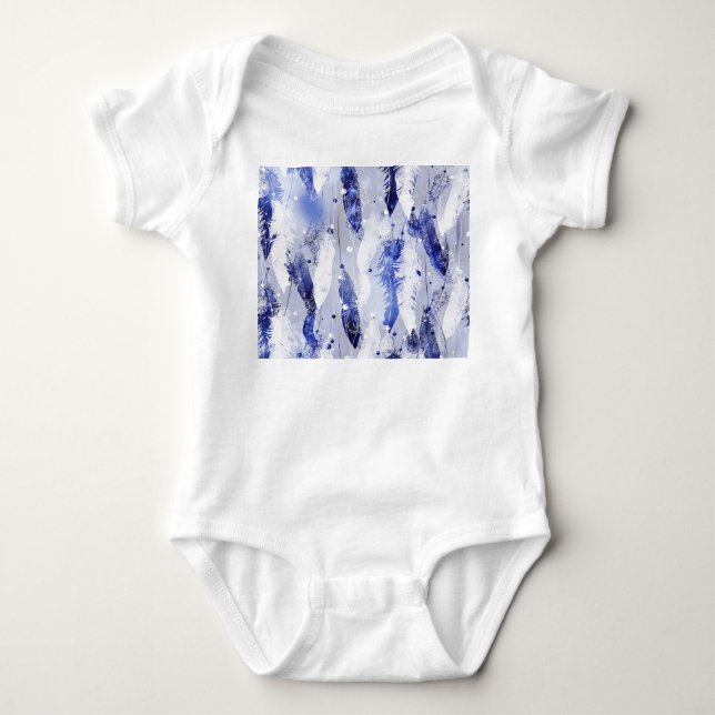 Fallende Federn: Aquarellblaues Muster. Baby Strampler (Vorderseite)