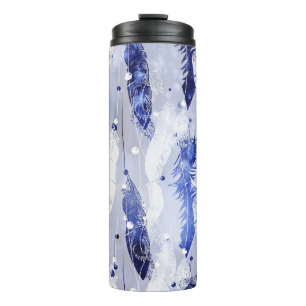Fallende Federn: Aquarellblaues Muster. Thermosbecher