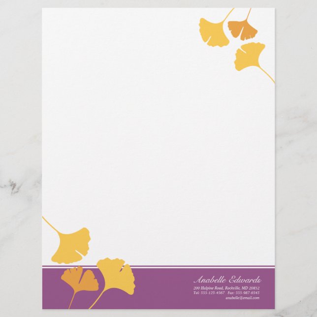 Fallende Ginkgo-Blätter goldgelb lila Herbst Briefkopf (Vorderseite)