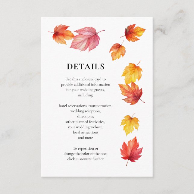 Fallende Herbst Blätter Hochzeit Einladung, Detail Begleitkarte (Vorderseite)