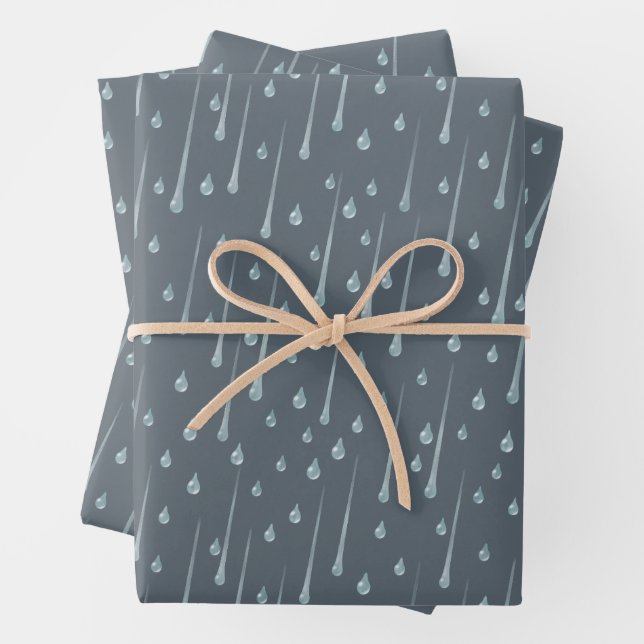 Fallende Raindrops Niedlicher Regentag Dunkelgrau Geschenkpapier Set (Beispiel)