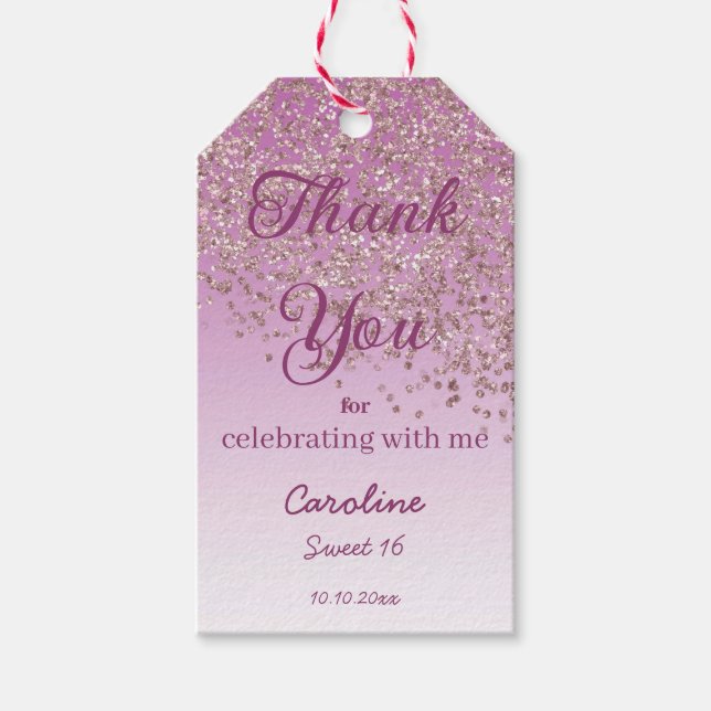 Fallende Rose Gold Glitzer Sweet 16 Personalisiert Geschenkanhänger (Vorderseite)