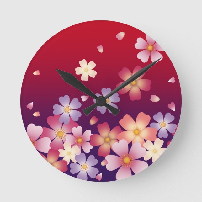 Fallende Sakura Blüten Japanisch Rot & Lila Runde Wanduhr (Vorderseite)