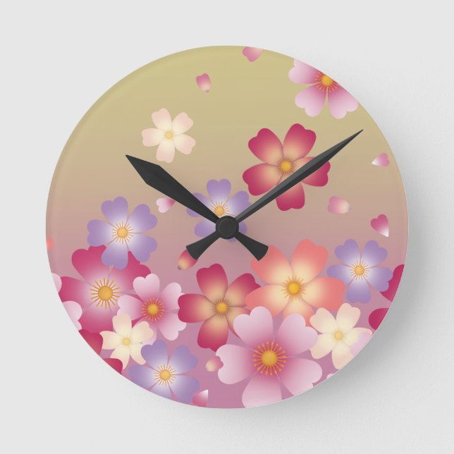 Fallende Sakura-Blüten japanisches Grün & Rosa Runde Wanduhr (Vorderseite)