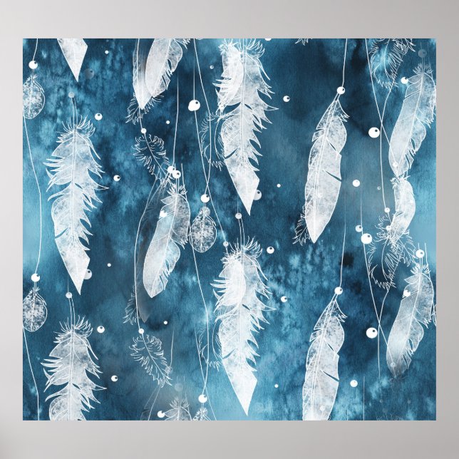 Fallende weiße Federn, blaue Wasserfarbe. Poster (Vorne)