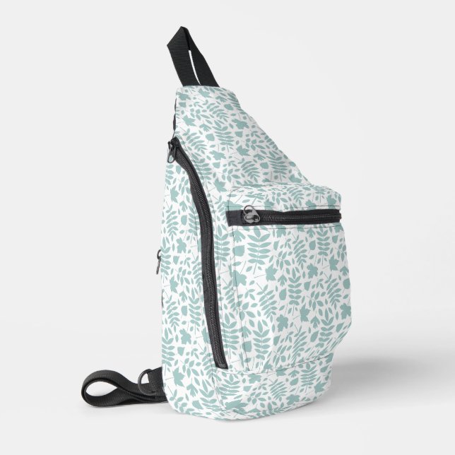 Fallförmige Blätter Muster Aquamarin auf Weiß Crossbody Bag (Linke Seite)