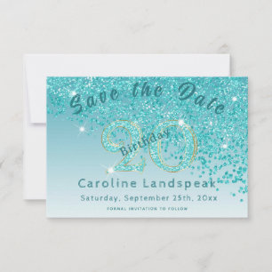 Falling Aquamarin Blue Glitzer für den 20. Geburts Save The Date