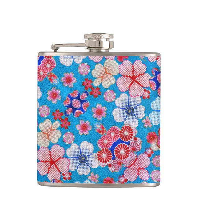 Falling Blue Cascading Floral Chirimen Flachmann (Vorderseite)