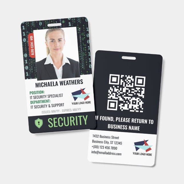 Falling Code Cyber Security Shield Employee ID Ausweis (Vorder- & Rückseite)