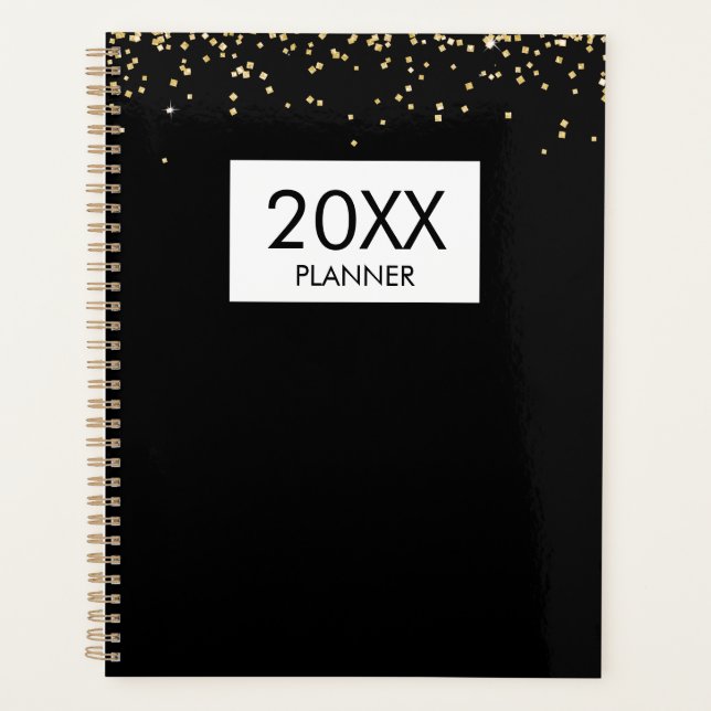 Falling Gold Glitter Personalized Black Yearly Planer (Vorderseite)