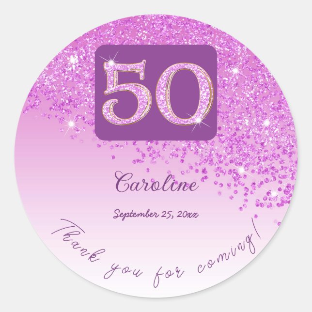 Falling Pink Glitzer, 50. Geburtstag Dank Runder Aufkleber (Vorderseite)