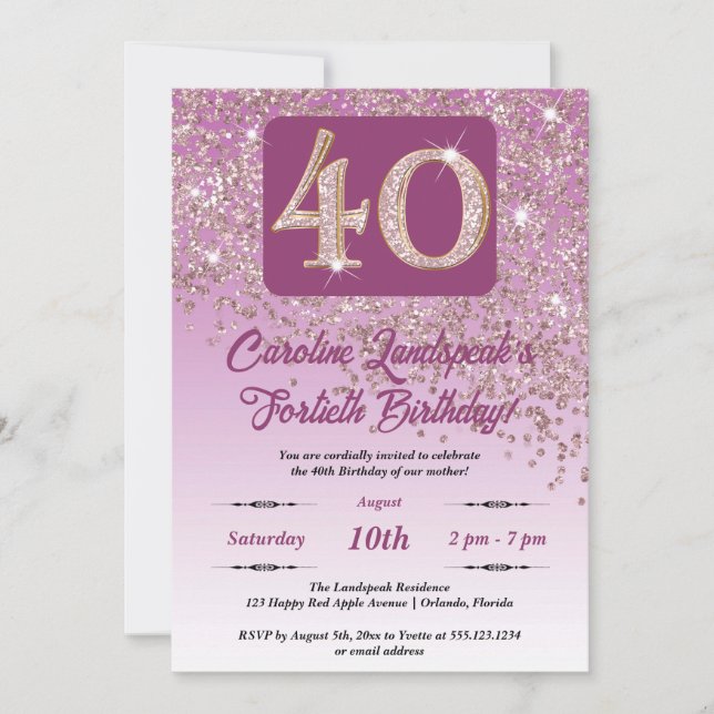 Falling Rose Gold Glitzer 40. Geburtstag Party Einladung (Vorderseite)