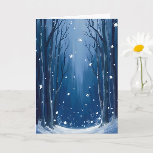 Falling Snow Blau Winterwald Wasserfarbe Gemalt Karte (Kleine Pflanze)