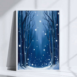 Falling Snow Blau Winterwald Wasserfarbe Gemalt Poster