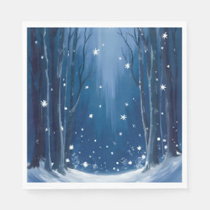 Falling Snow Blau Winterwald Wasserfarbe Gemalt Serviette