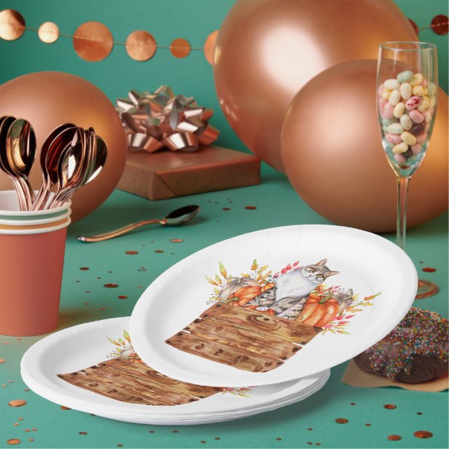 Fallkatze und Kürbis in Kiste Pappteller (Multi)