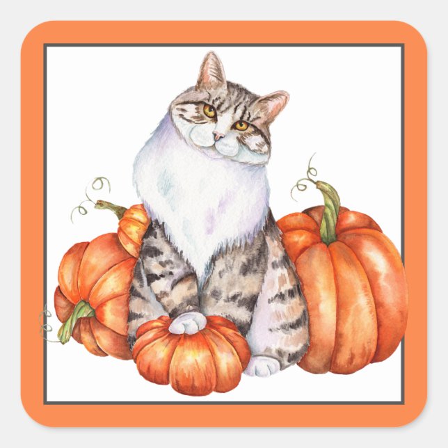 Fallkatze und Kürbis Quadratischer Aufkleber (Vorderseite)