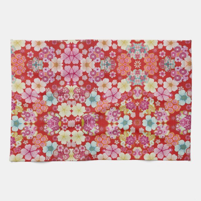 Falln Crimson Floral Chirimen Geschirrtuch (Horizontal)