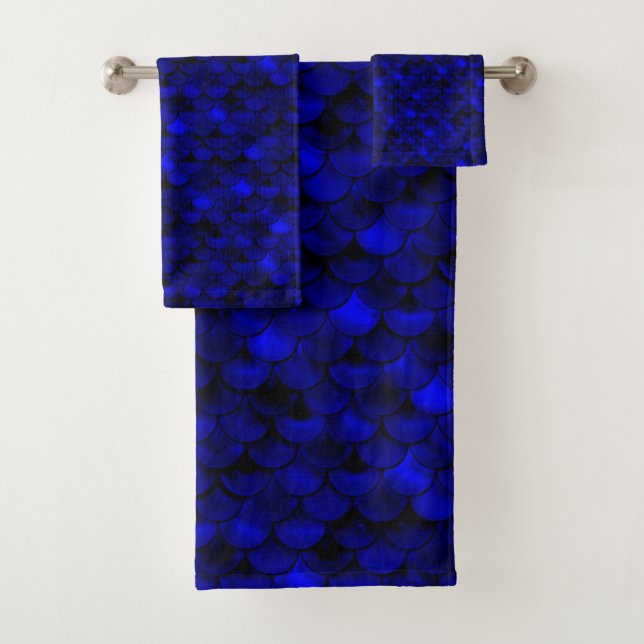 Falln Dark Blue Mermaid Scales Badhandtuch Set (Insitu)