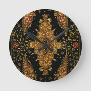 Falln Schwarz und Gold Blumenmuster Runde Wanduhr
