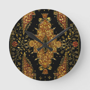 Falln Schwarz und Gold Blumenmuster Runde Wanduhr
