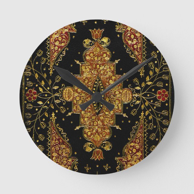 Falln Schwarz und Gold Blumenmuster Runde Wanduhr (Vorderseite)