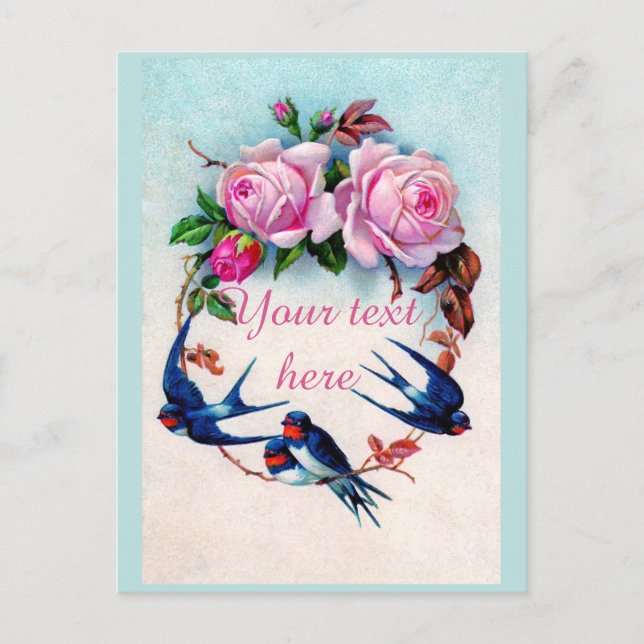 Falln Viktorianische Blaue Vögel und Rose Postkarte (Vorderseite)