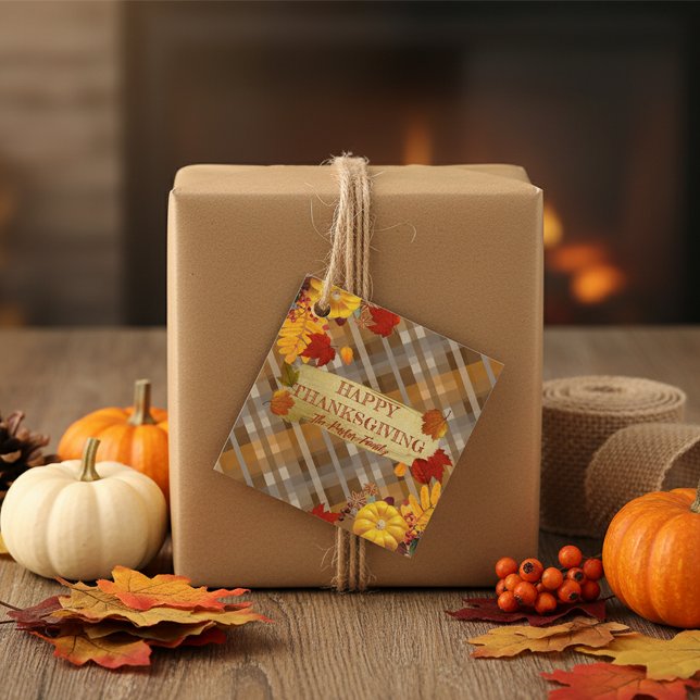 Fallpumpen und -folien auf Kariertem Erntedank Geschenkanhänger (Von Creator hochgeladen)
