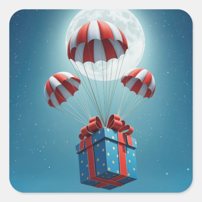 Fallschirme liefern ein Weihnachtsgeschenk Quadratischer Aufkleber (Vorderseite)