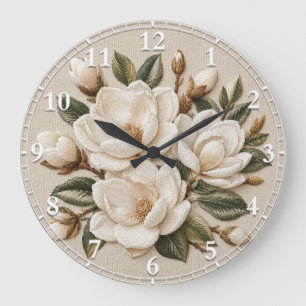 Falsche 3D-Broderie-Illustration der weißen Magnol Große Wanduhr