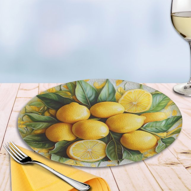 Falsche 3D sizilianische Zitronen Pappteller (Faux 3D "Ceramic Style" Sicilian Lemons and Leaves Paper Plate for Italian Parties)