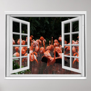 Falsche Fensteransicht rosa Flamingos  Poster