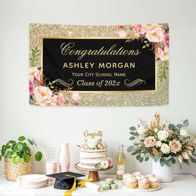 Falsche Gold Glitter Pink Floral Graduation Party Banner (Von Creator hochgeladen)