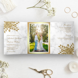 Falsche Goldblätter Floral Weiß Marmor Hochzeit Dreifach Gefaltete Einladung