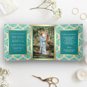 Falsche Goldfolie Teal Damast Hochzeitsfoto Dreifach Gefaltete Einladung