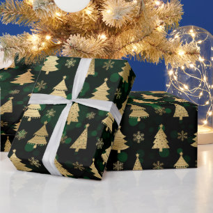 Falsche Goldfolie-Weihnachtsbäume & grüner Bokeh Geschenkpapier