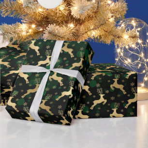 Falsche Goldfolie Weihnachtsrentier & grüner Bokeh Geschenkpapier