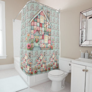 Falsche Patchwork-Cottagecore-Blumenhaus-Illustrat Duschvorhang