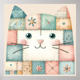Falsche Patchwork-Pastell-Hauskatze Gesicht Poster