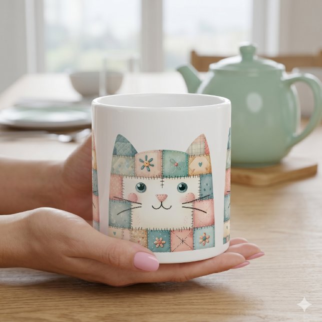Falsche Patchwork-Pastell-Hütte-Kitty-Gesicht Kaffeetasse (Faux Patchwork Pastel Cottage Kitty Face Coffee Mug)