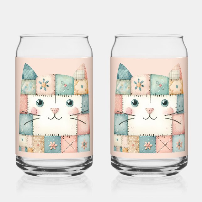 Falsche Patchwork-Pastell-Hütte-Kitty-Gesicht Rosa Dosenglas (Vorderseite)
