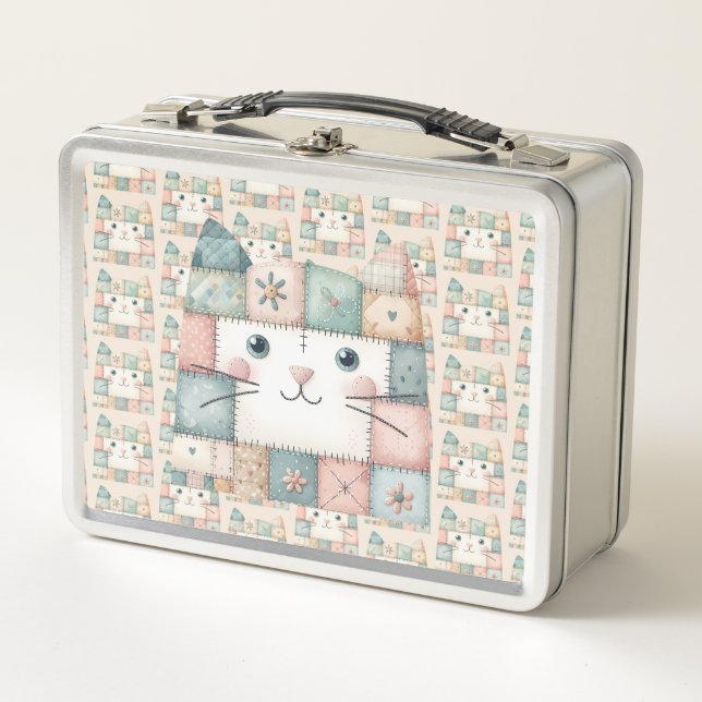 Falsche Patchwork-Pastell-Kitty-Hütte Metall Brotdose (Vorderseite)