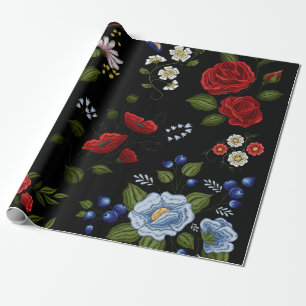 Falsche rot-blaue Blumenstickerei Geschenkpapier